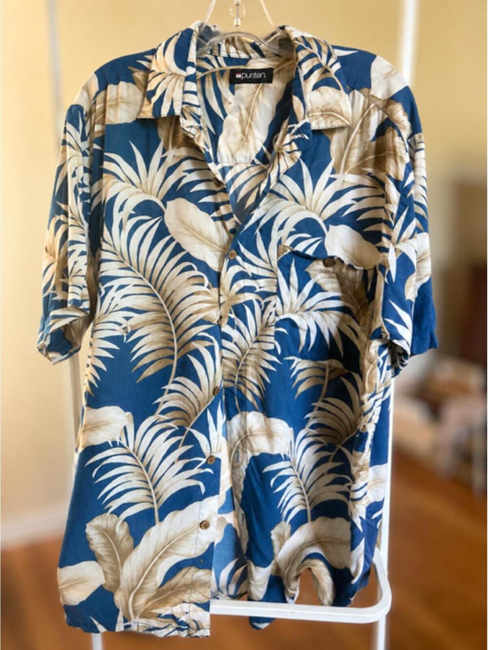 Puritan Blue and Beige Tropical Print Short Sleeve Shirt